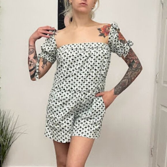 Milly Off the Shoulder Palm Tree Zoey Romper Elastic Waist Size 0 Green/White - Picture 4 of 12